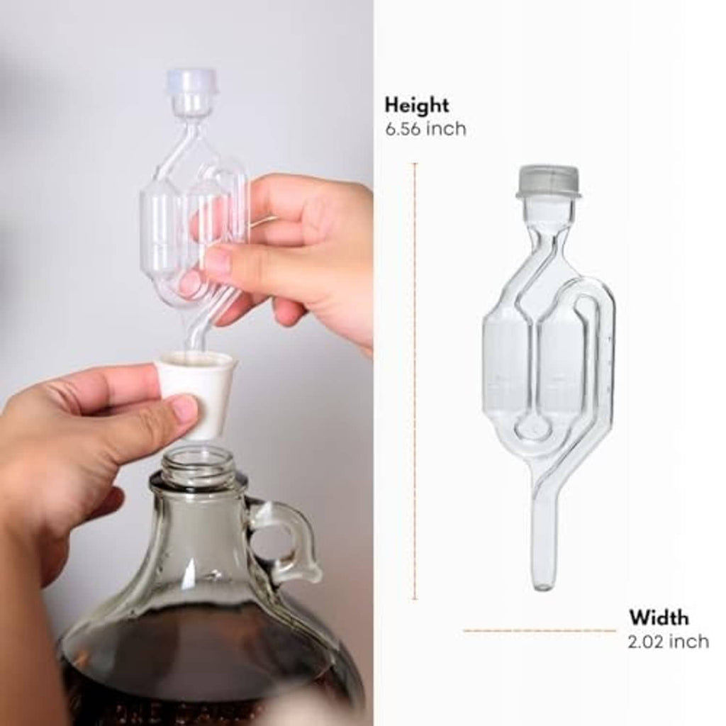 Dual-chamber carboy airlock bung with clear body and tan cup
