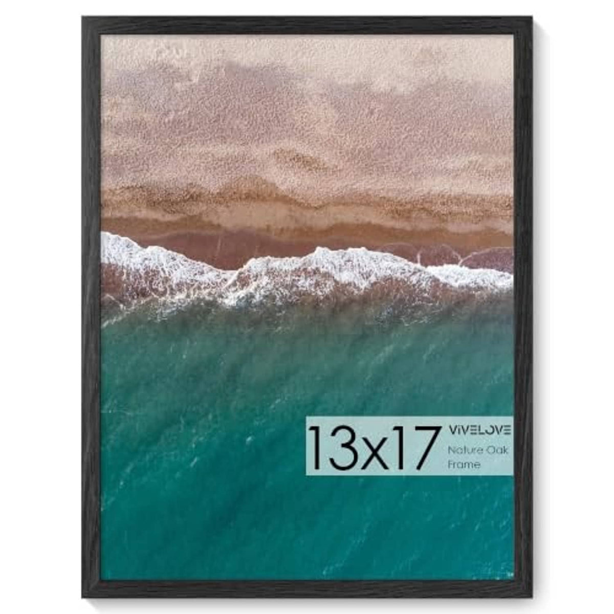 Black wooden 13x17 picture frame with ocean shoreline print behind glass
