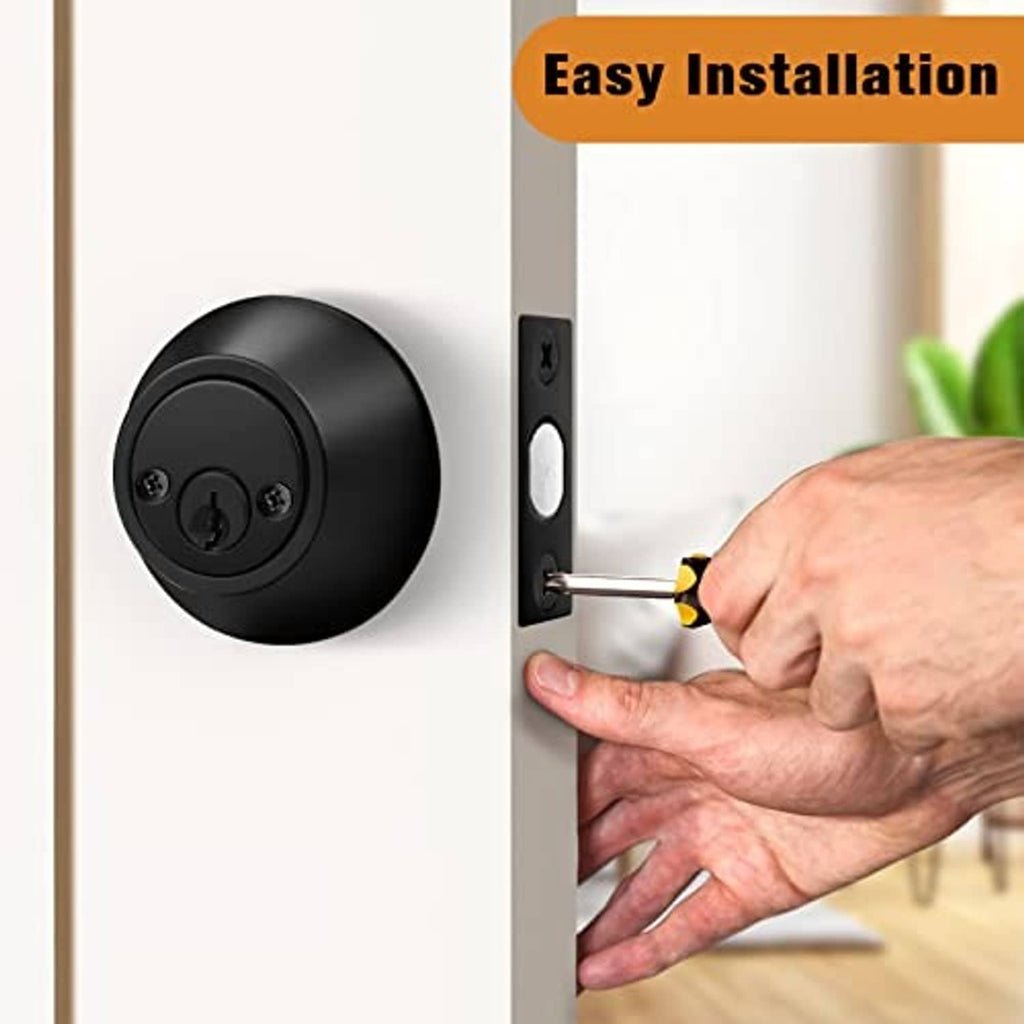 Black double-cylinder deadbolt lock being installed on a door with a screwdriver