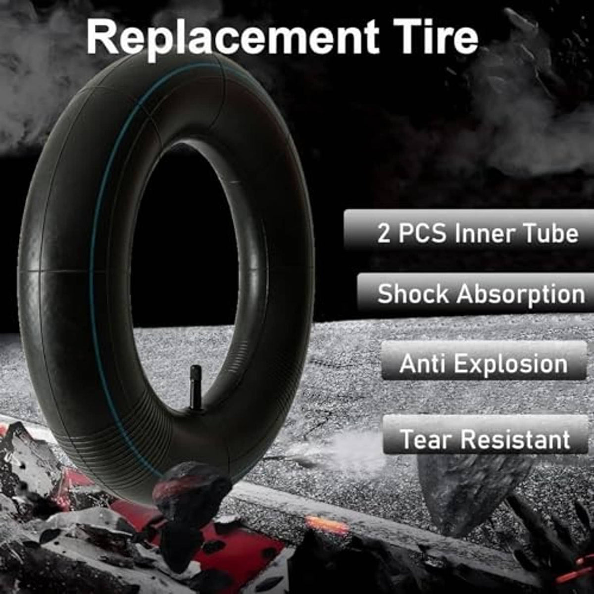 Pair of replacement dirt bike inner tubes, black with blue rings and valve stems