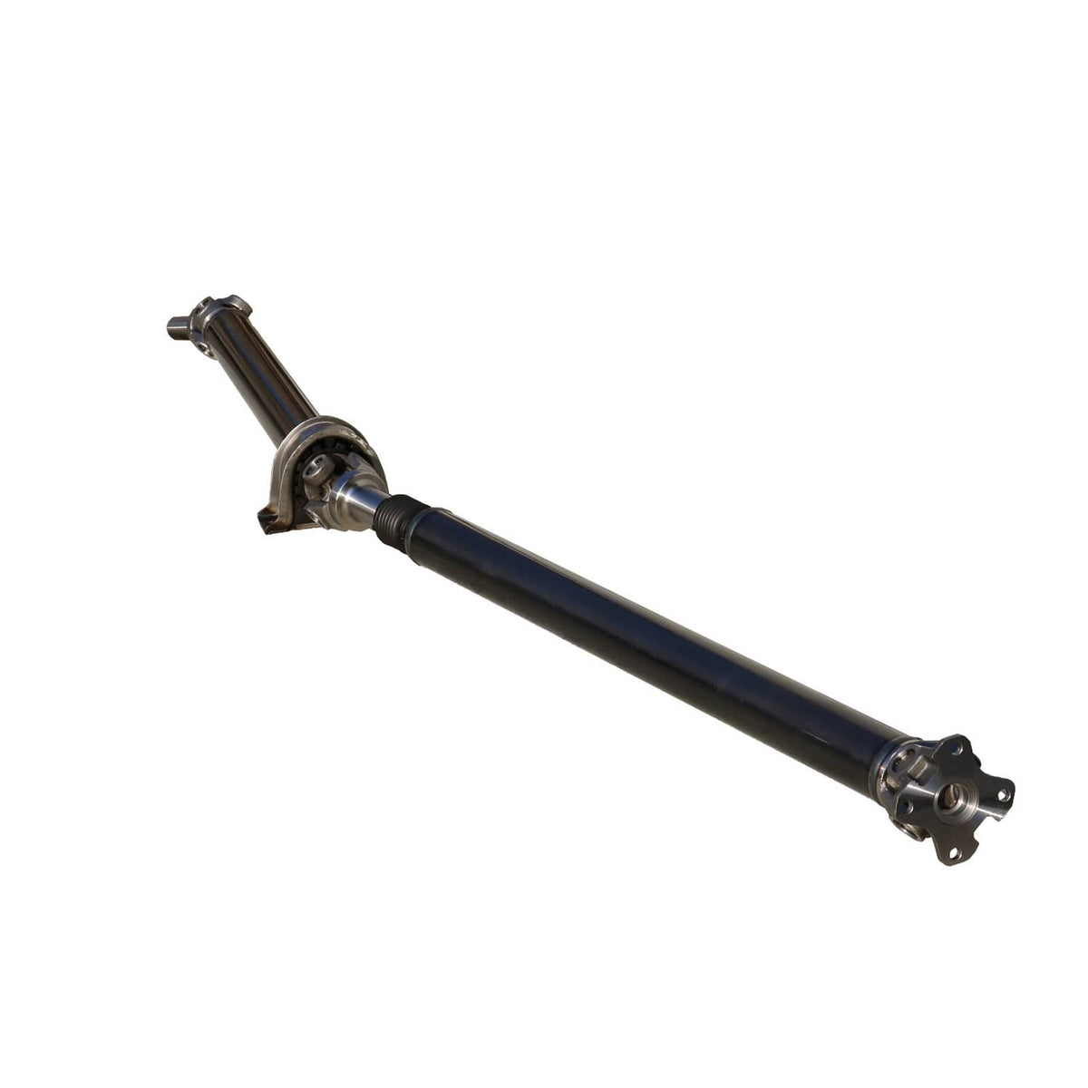 Rear drive shaft assembly showing yoke mount and end flange on dark steel tube