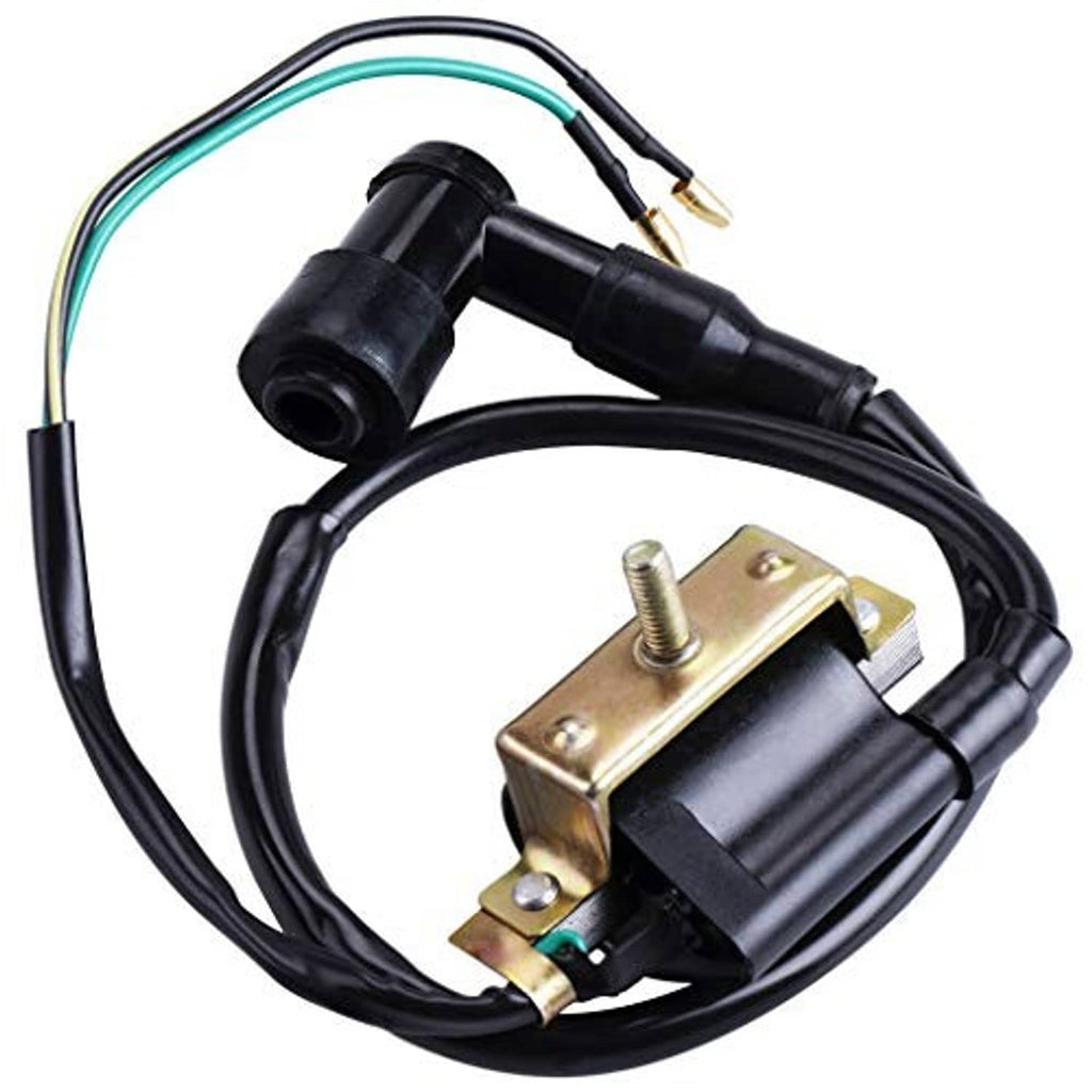 Black ignition coil with wire leads, mounting bracket, and ring terminals