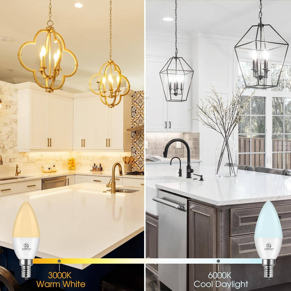 LED candelabra bulbs in ceiling fixtures, each with frosted flame top and E12 base