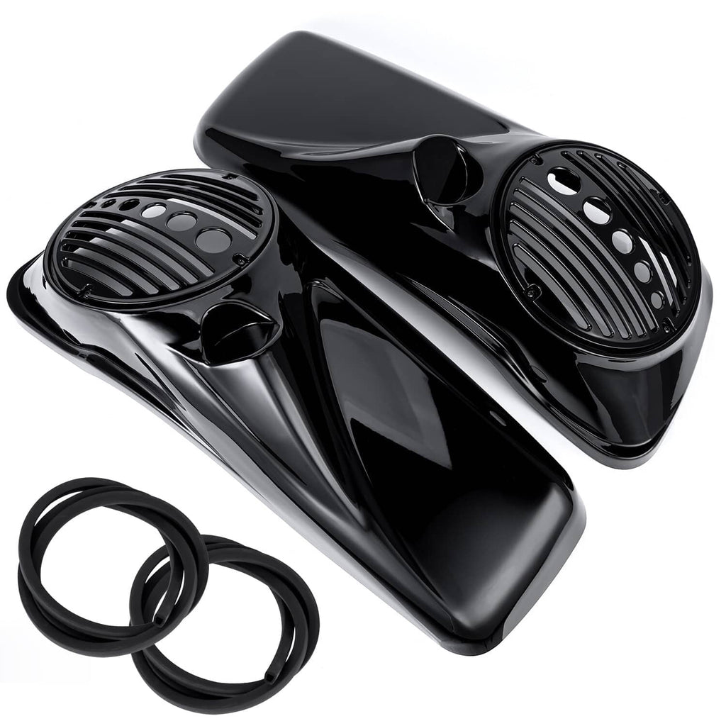 Pair of black motorcycle saddlebag speaker lids with grille and tweeter port