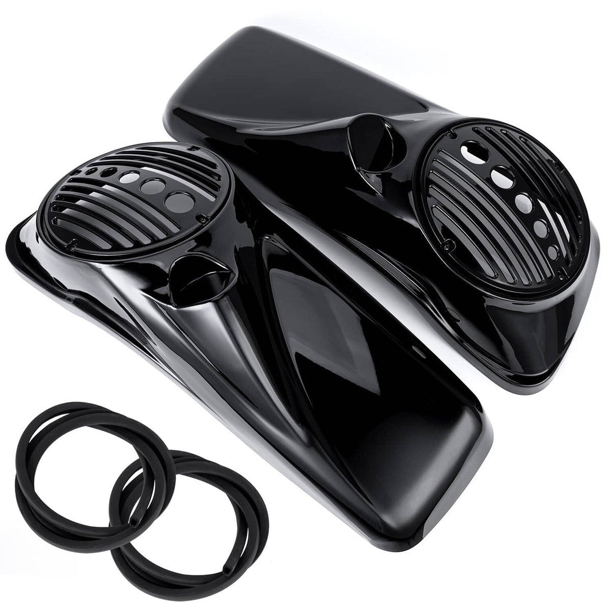 Pair of black motorcycle saddlebag speaker lids with grille and tweeter port