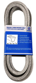 Gray lawn mower deck V-belt, coiled and looped, textured wrap cover