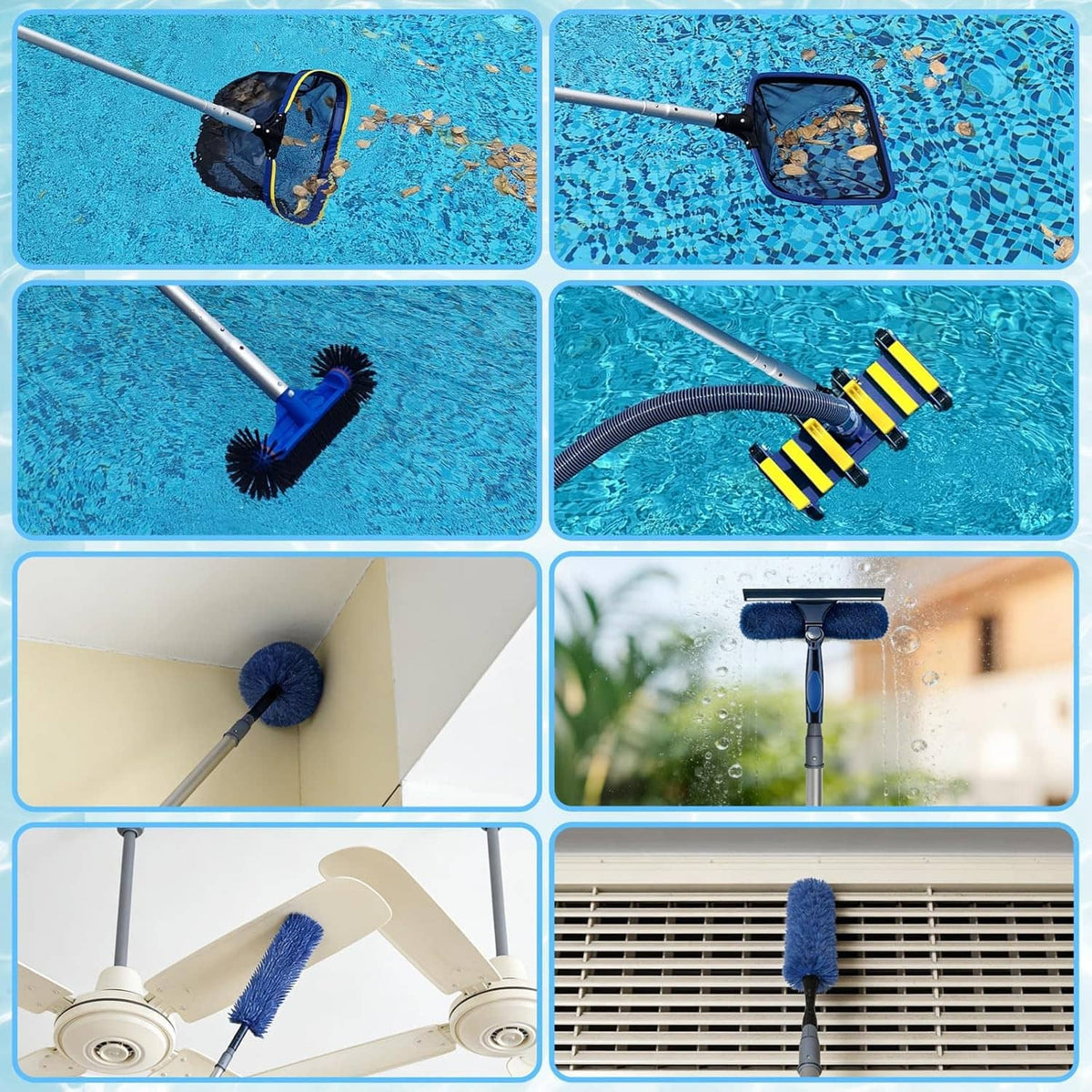 Pool cleaning pole with blue scrubbing brush heads and rotating pool tool attachments