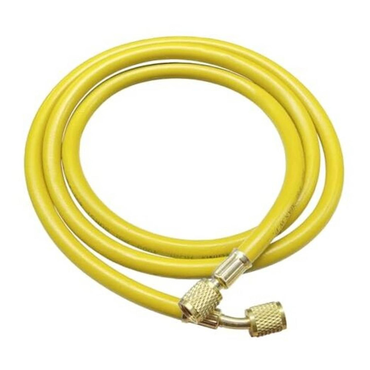 Yellow refrigerant hose with brass fittings, coiled for HVAC manifold gauge use