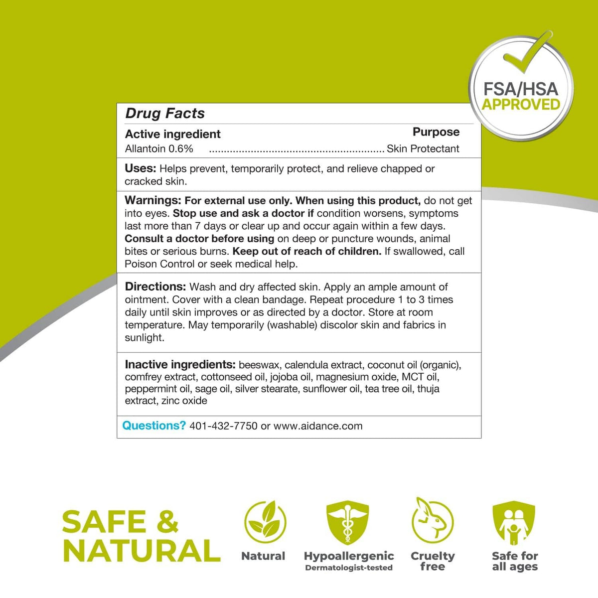 Terrasil drug facts panel with 'Purpose' and safe natural icons on green.