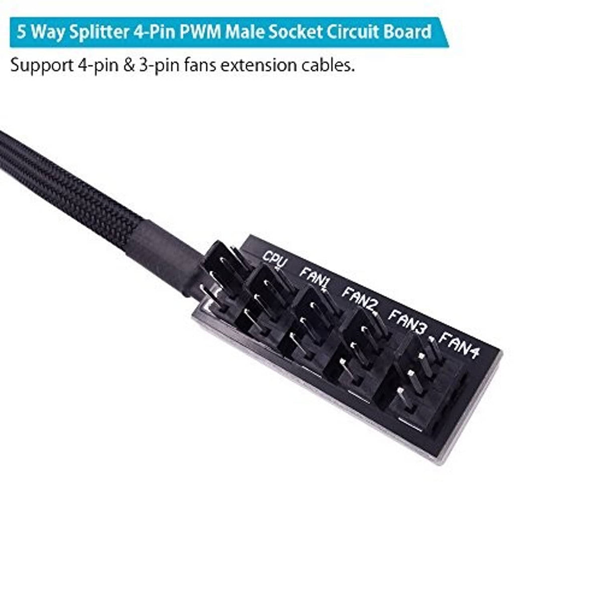 5-way 4-pin PWM fan splitter PCB with CPU and FAN1–FAN4 ports and cable