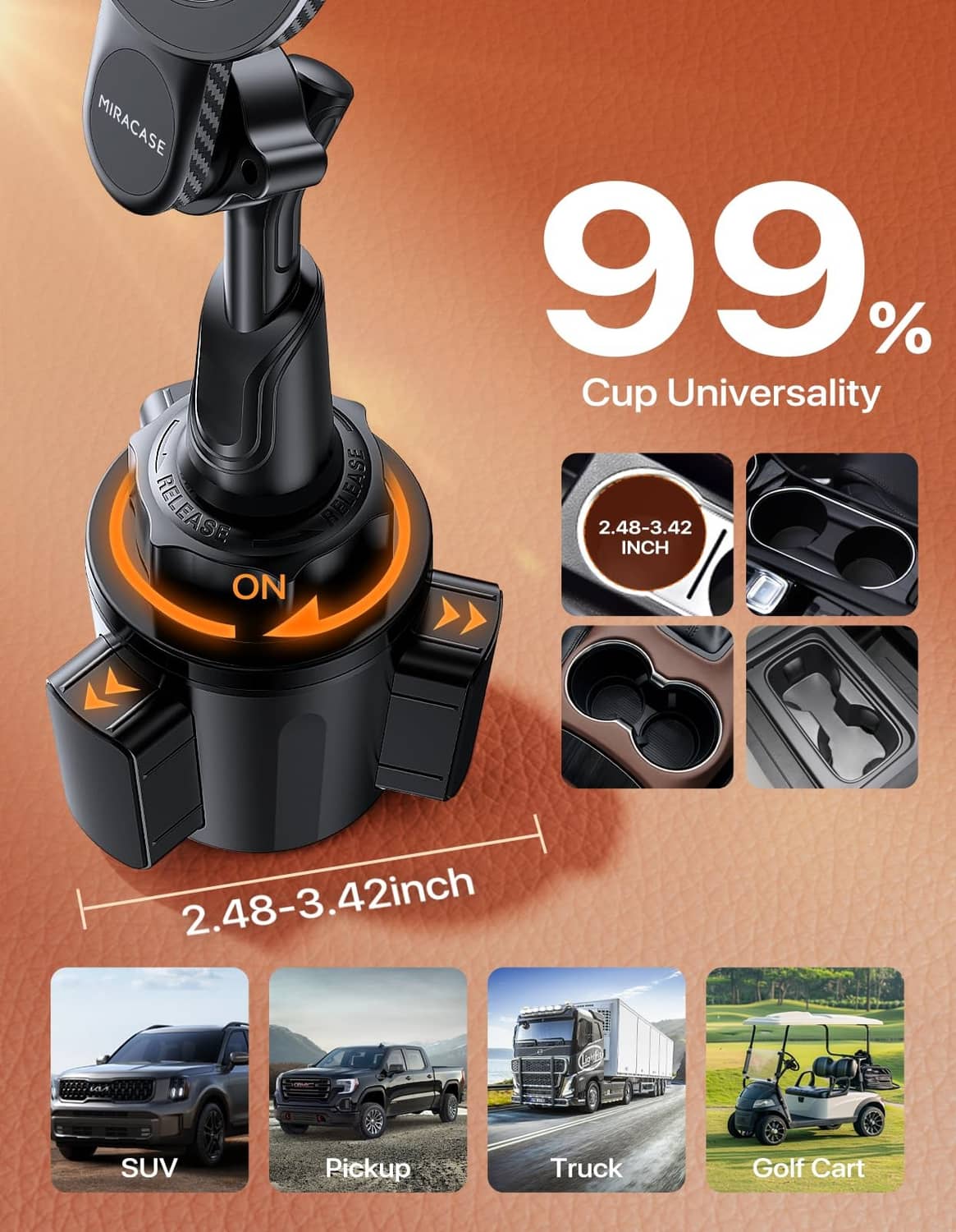 MagSafe car mount with rotating base, universal holder arms, black with orange ring