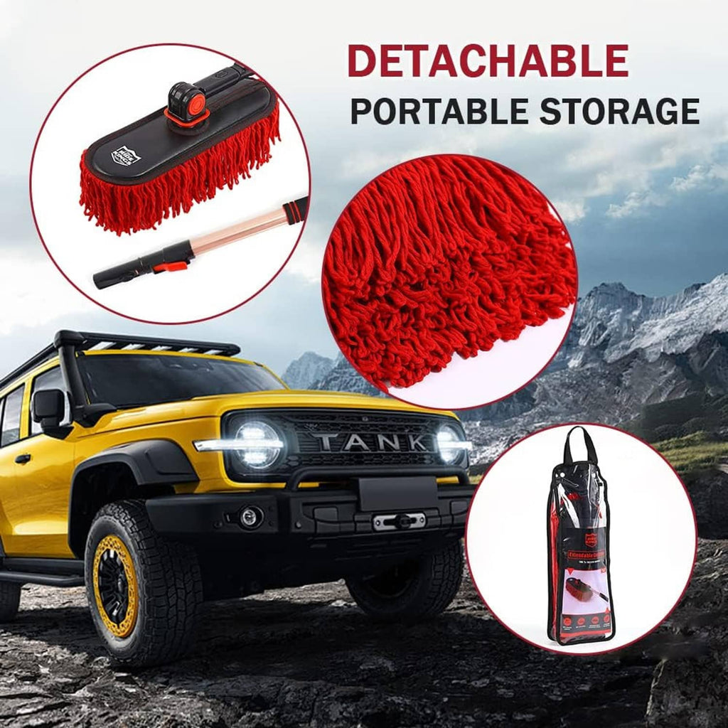 Car duster with detachable red microfiber head and portable storage bag