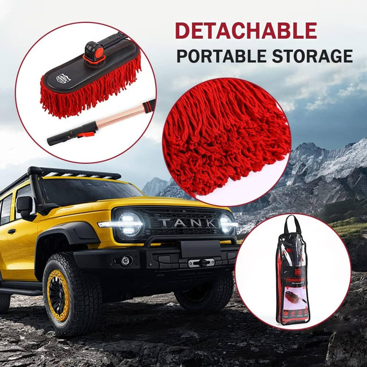 Car duster with detachable red microfiber head and portable storage bag