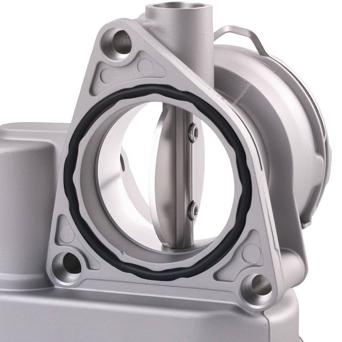 Throttle body with silver metal housing and circular throttle opening with gasket