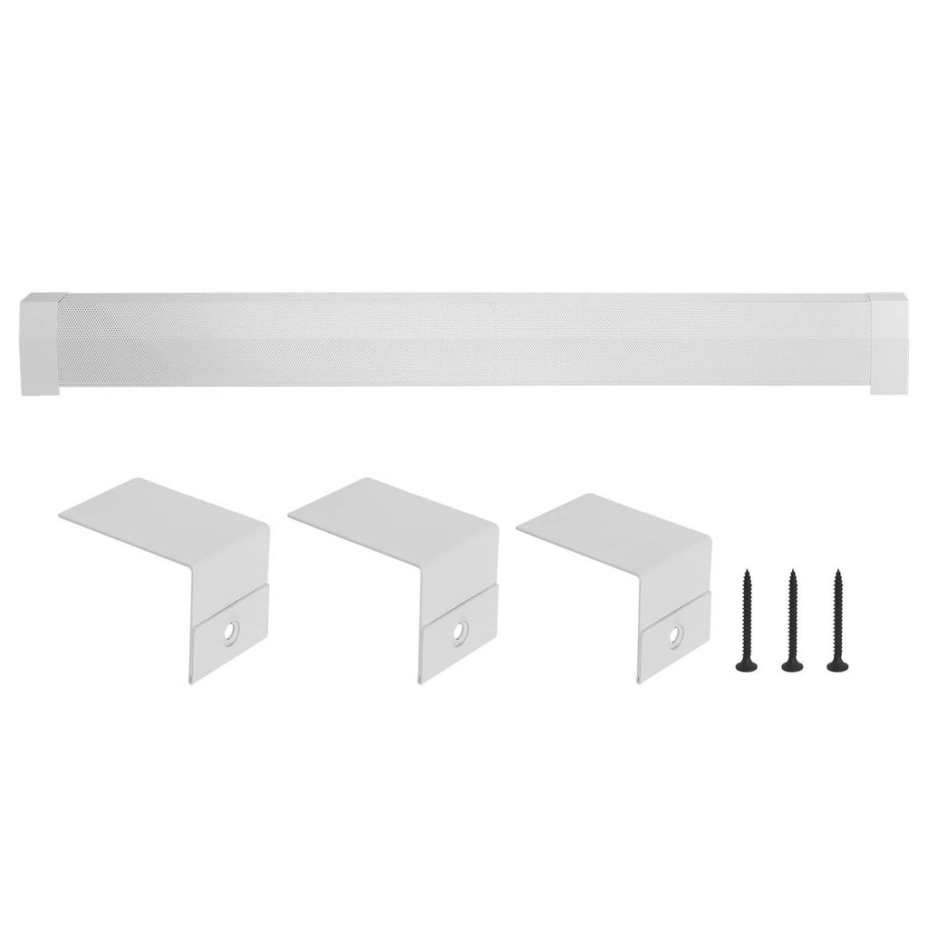 White metal baseboard heater cover kit with three support brackets and screws