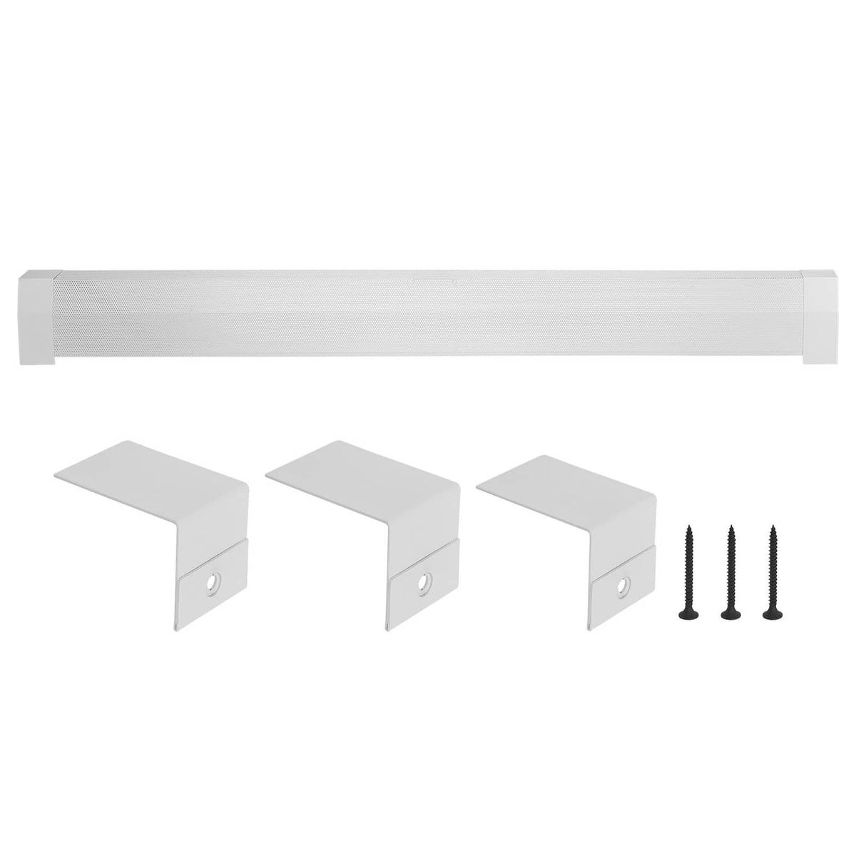 White metal baseboard heater cover kit with three support brackets and screws