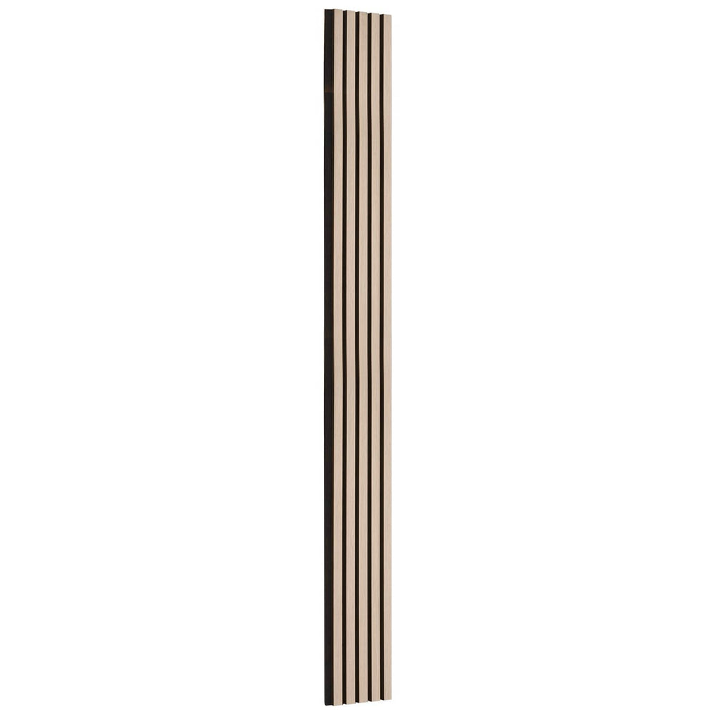 Vertical wood slat acoustic panel with light slats and dark frame detail on narrow rectangle