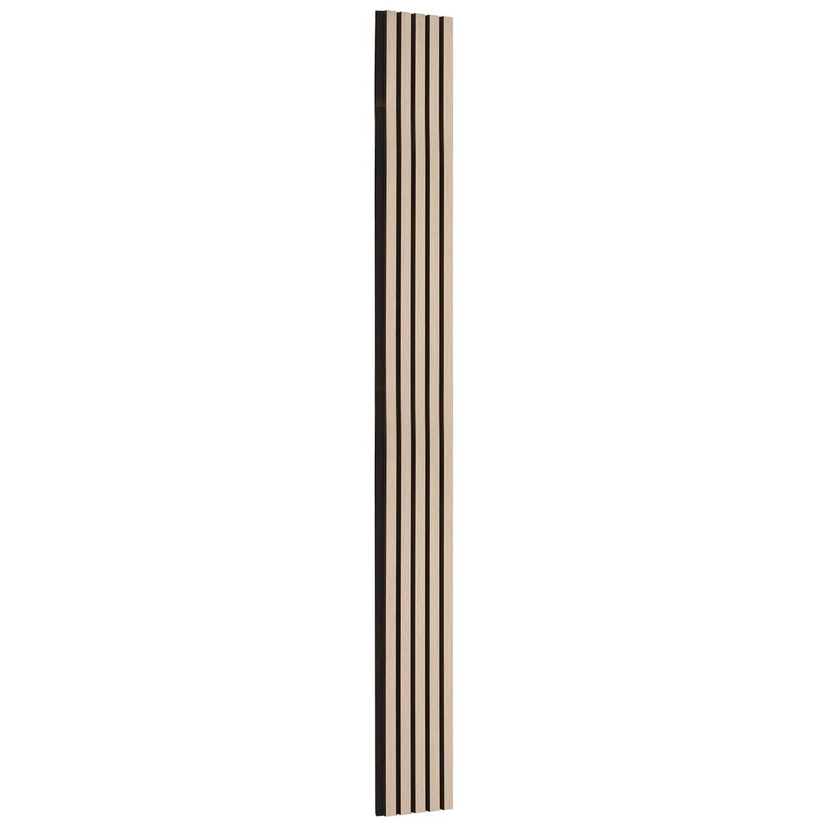 Vertical wood slat acoustic panel with light slats and dark frame detail on narrow rectangle