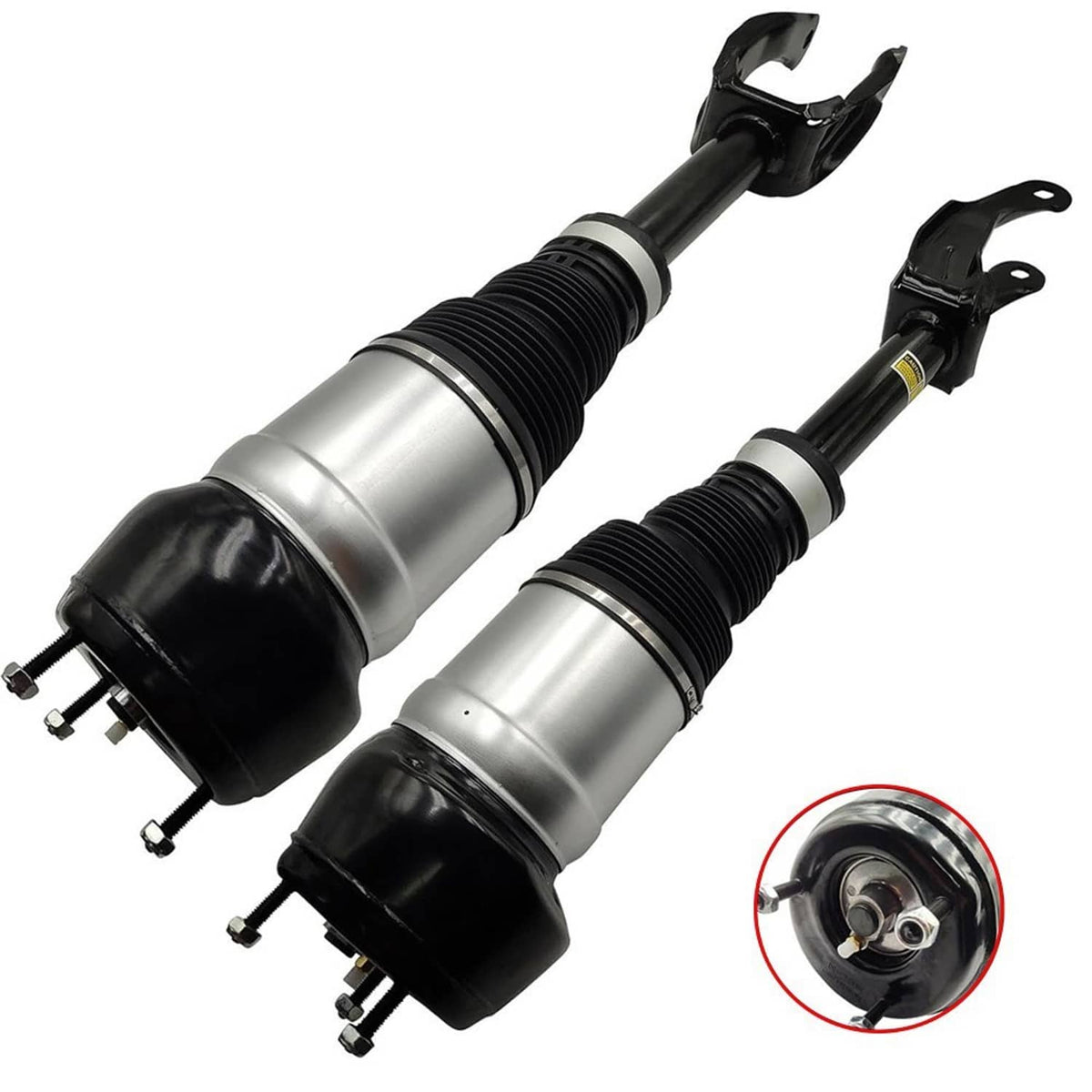 Set of two front air suspension shock struts with black mounts and silver cylinders