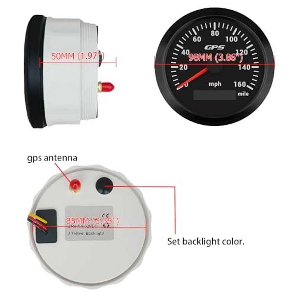 Round GPS speedometer gauge with white housing and GPS antenna module
