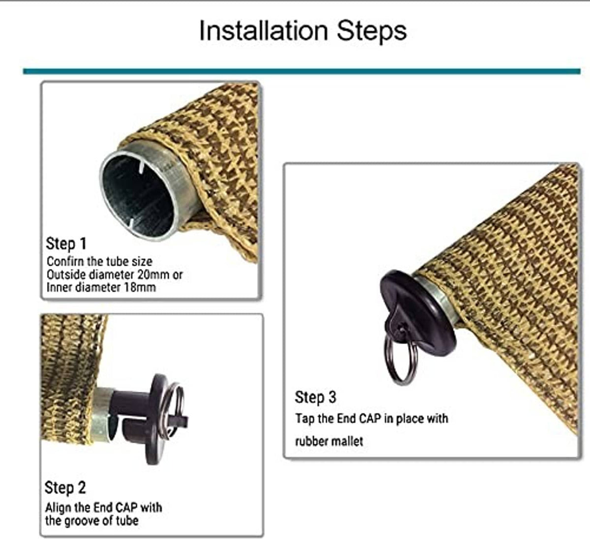 Instruction panel showing brown bungee end caps and alignment steps