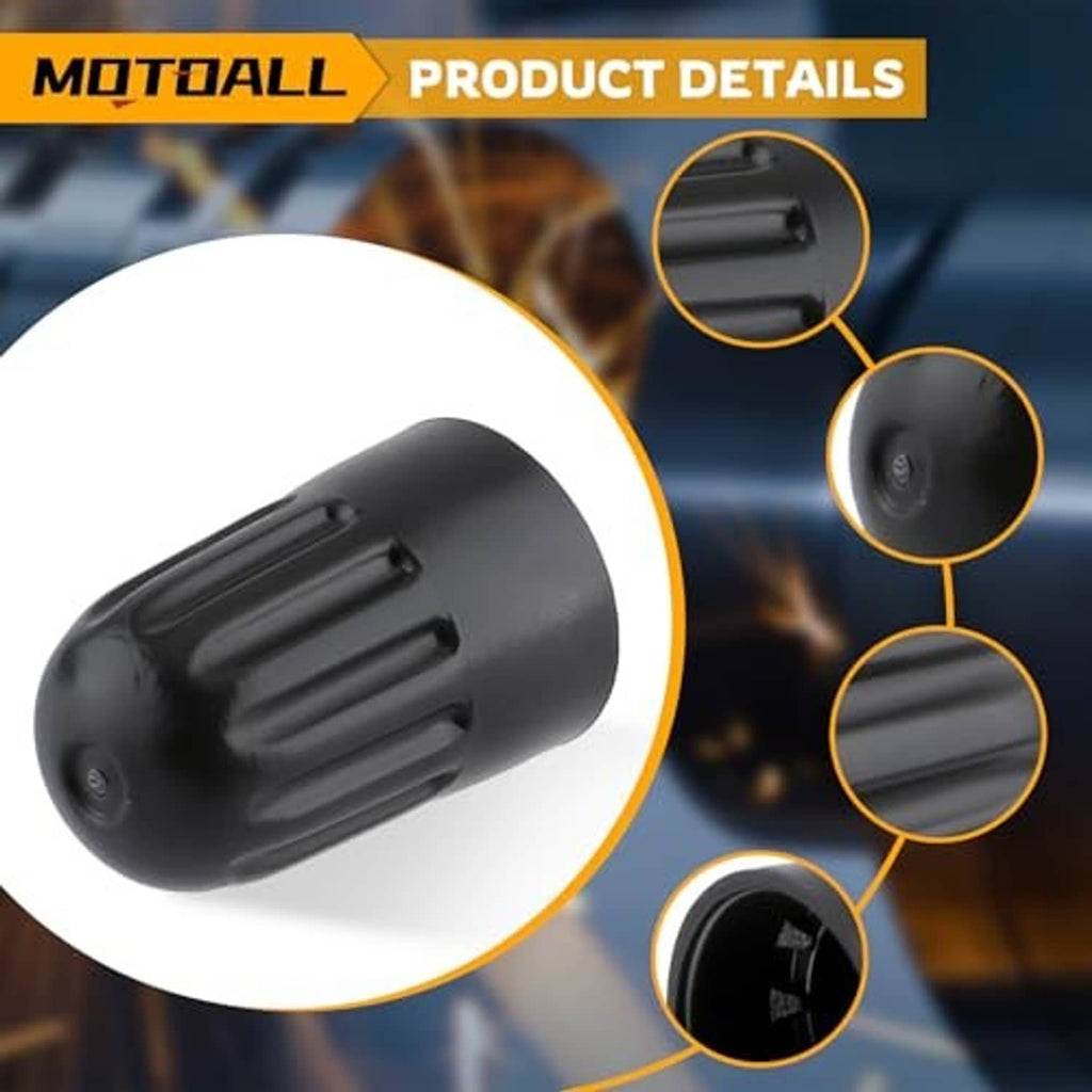 Black plastic valve stem cap close-up, ridged bands on outer surface