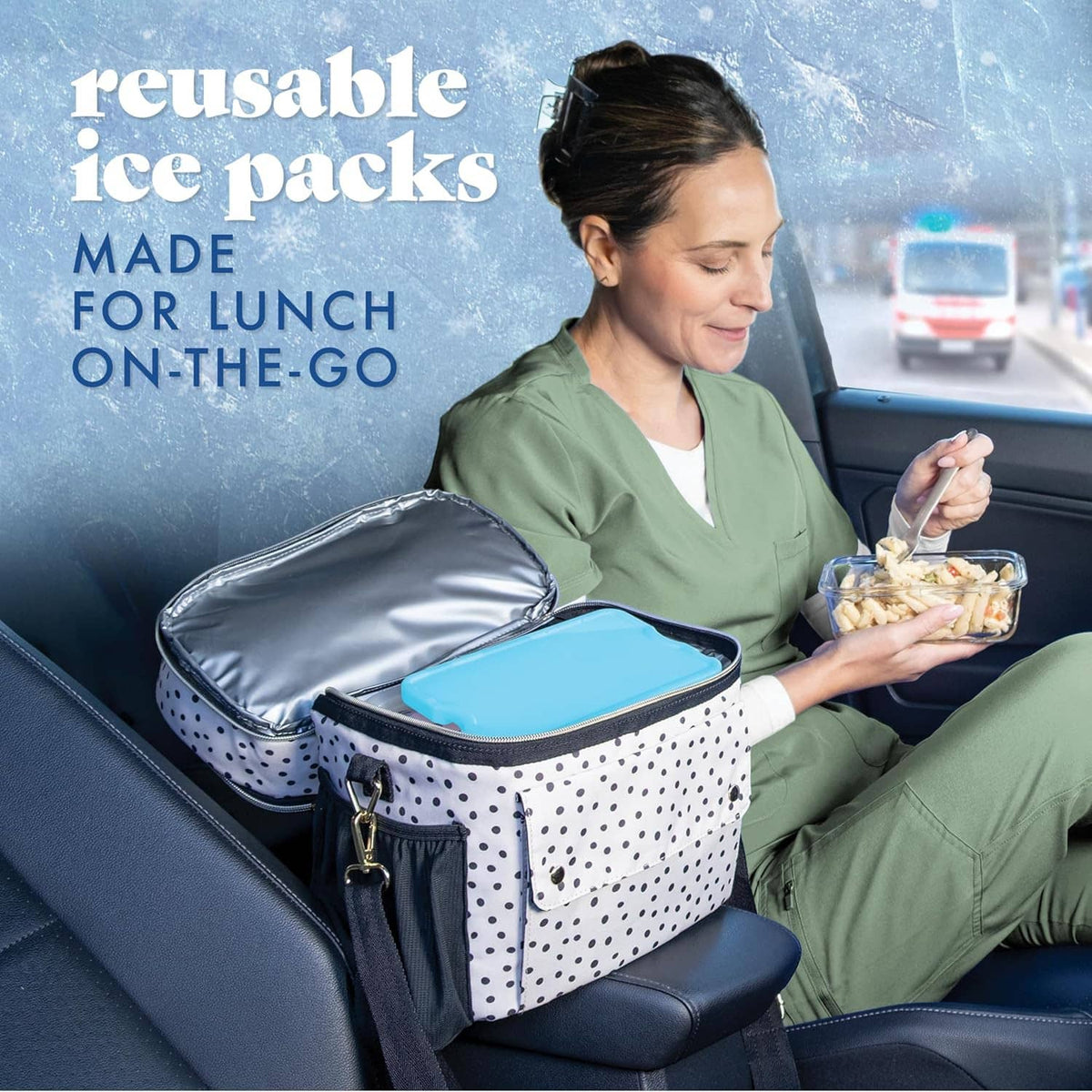 Slim blue reusable ice pack inside a cooler bag for on-the-go lunch cooling