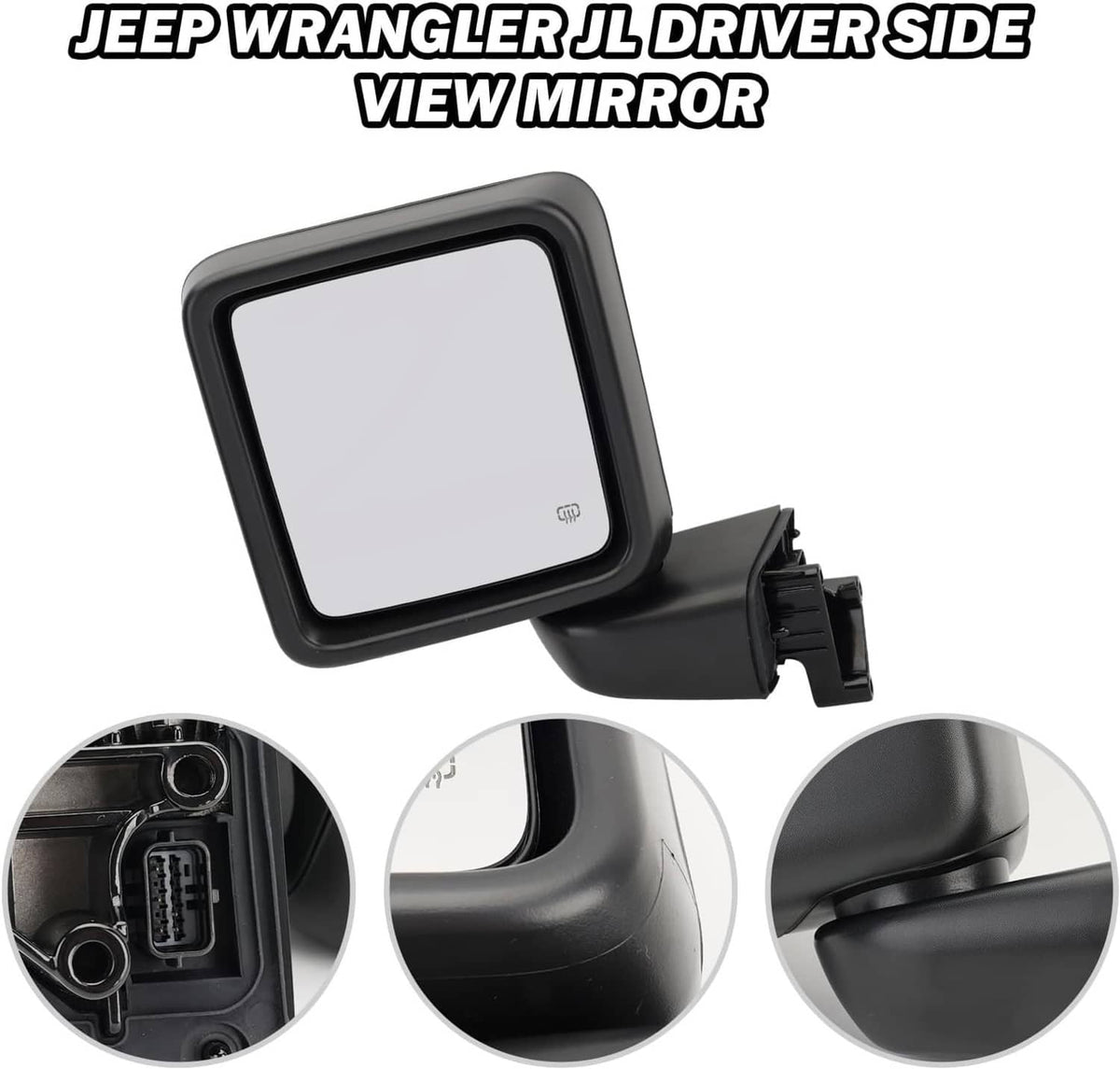 Black left driver side power heated mirror glass housing with mounting bracket