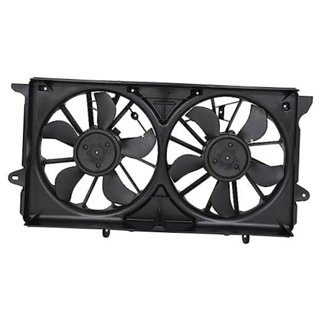 Dual radiator cooling fan assembly with two black multi-blade fans in a shroud
