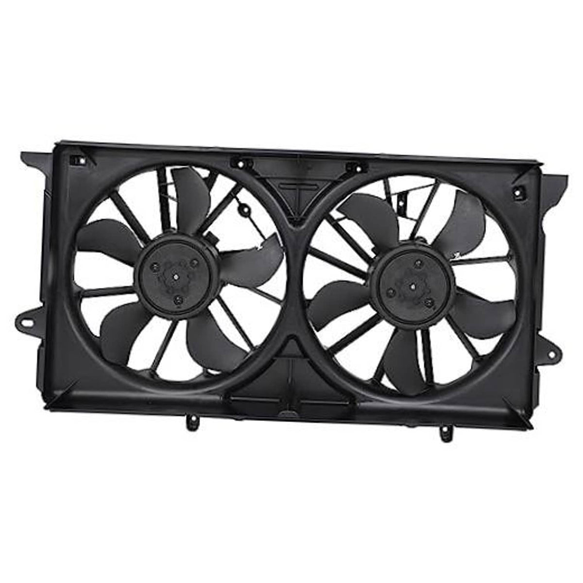 Dual radiator cooling fan assembly with two black multi-blade fans in a shroud