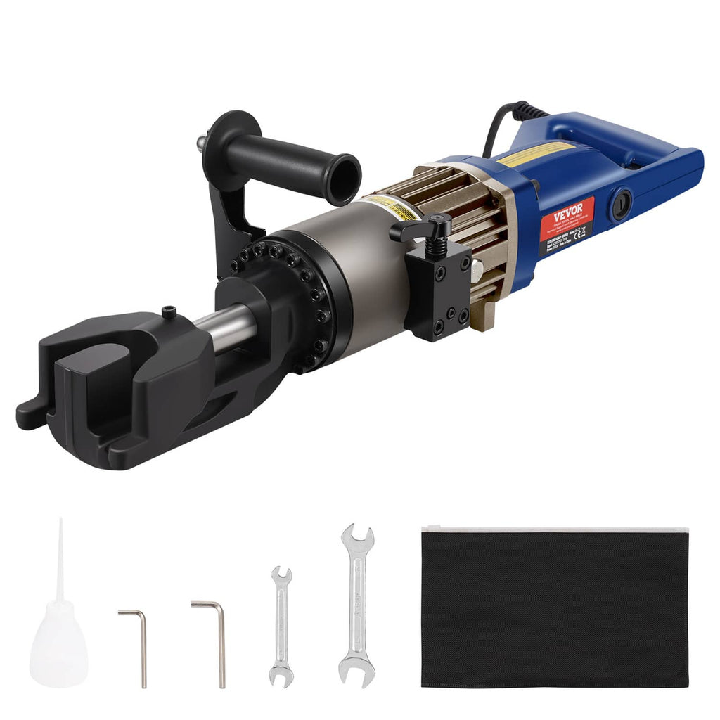 Hydraulic electric rebar bender with black clamp head and included bending accessories