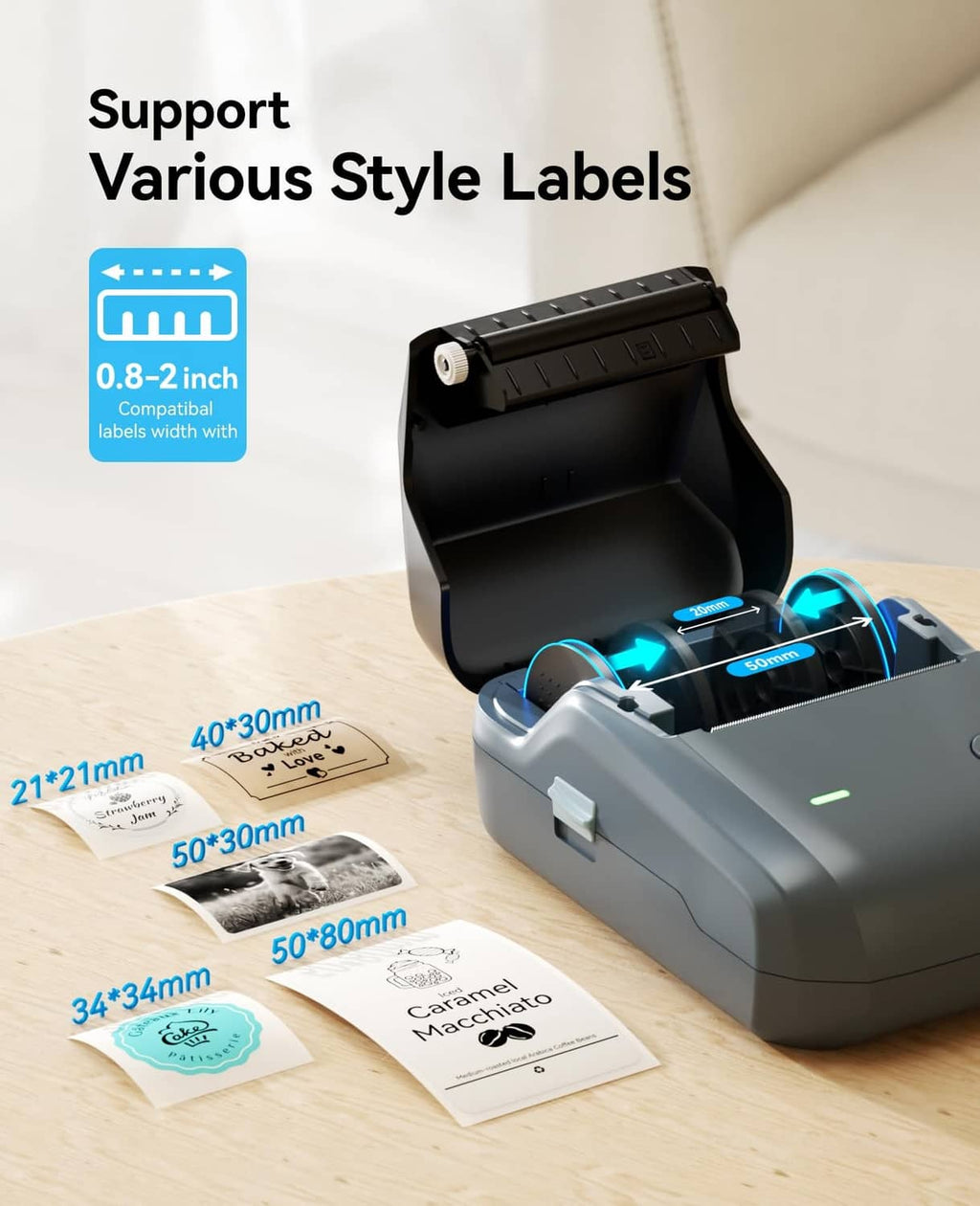Portable label maker with open print compartment and label sheets