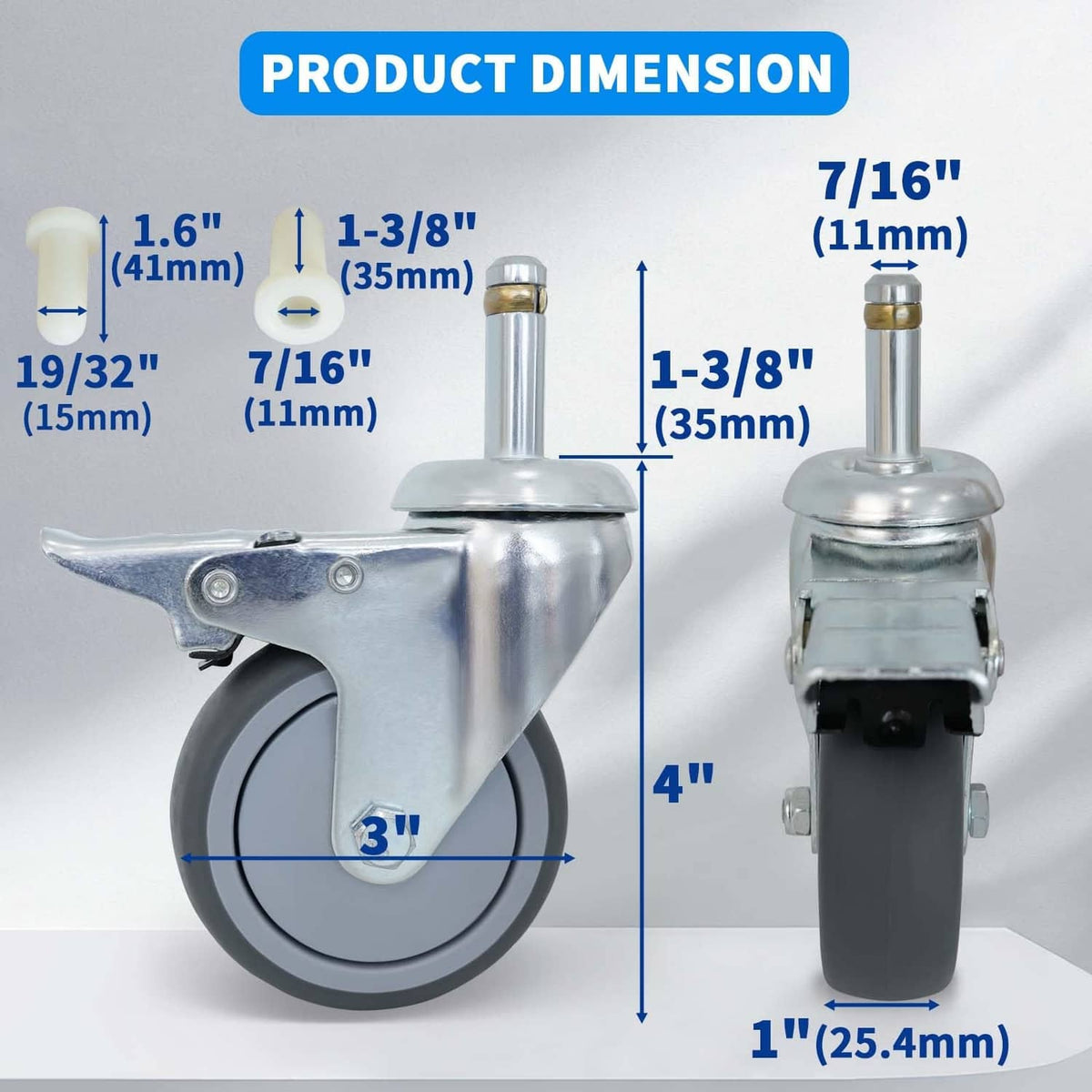 4 in black stem caster wheel set with brake; 3 in diameter, 7/16 in stem