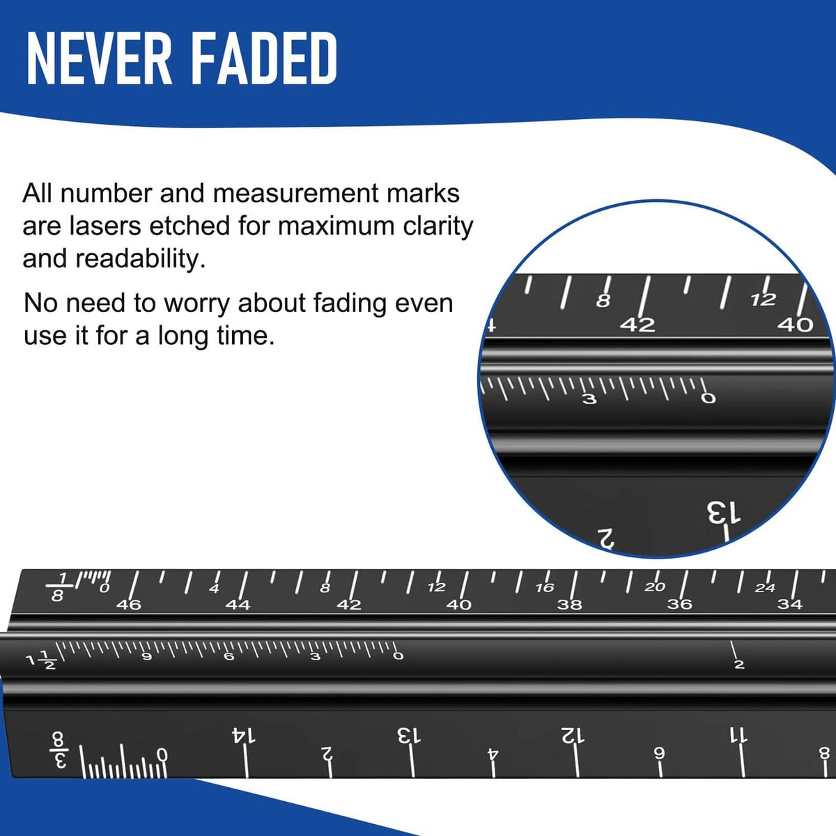 Architectural scale ruler with laser-etched measurement marks for clear long-term reading