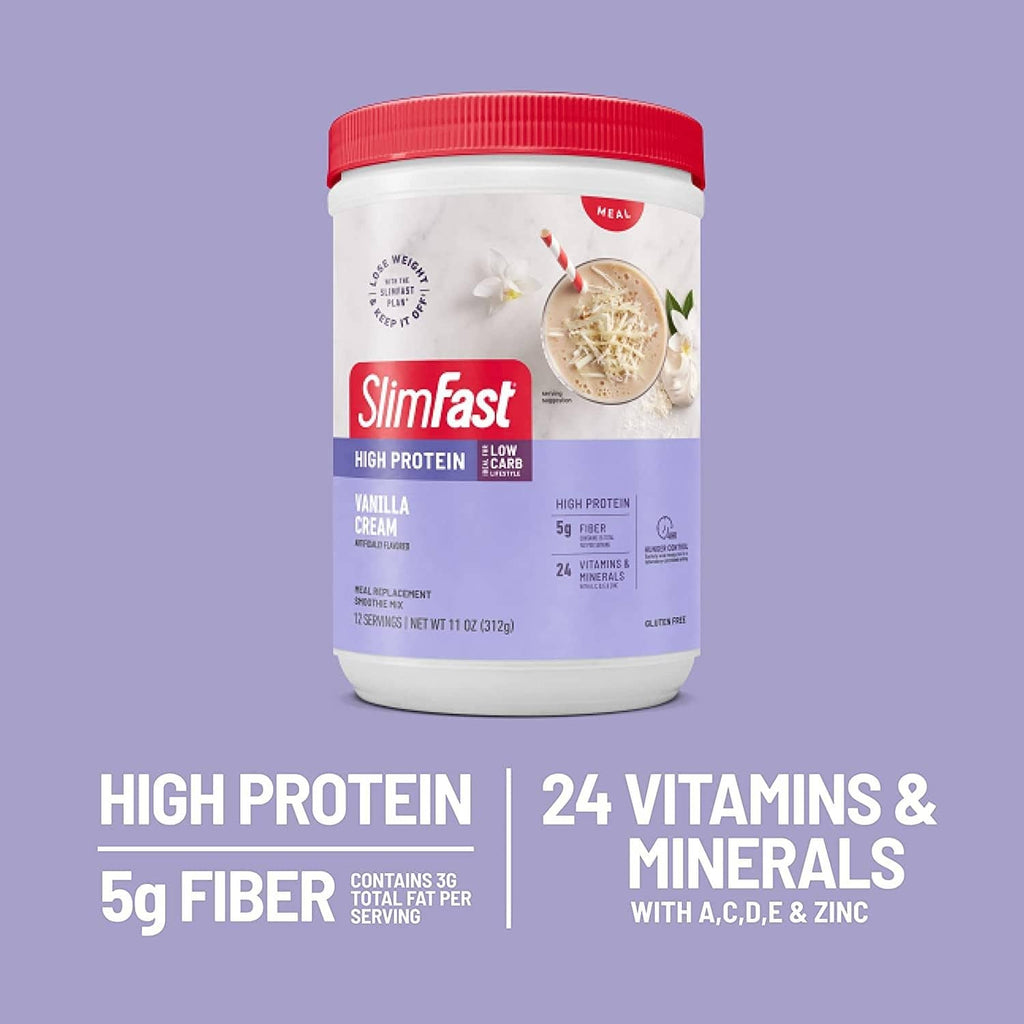 High-protein vanilla cream tub with red lid and purple label