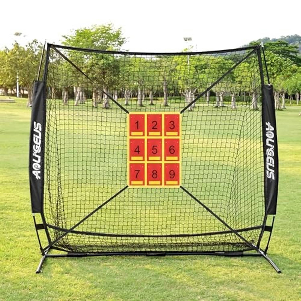 Black baseball practice net on grass with red-and-yellow 3x3 strike zone target