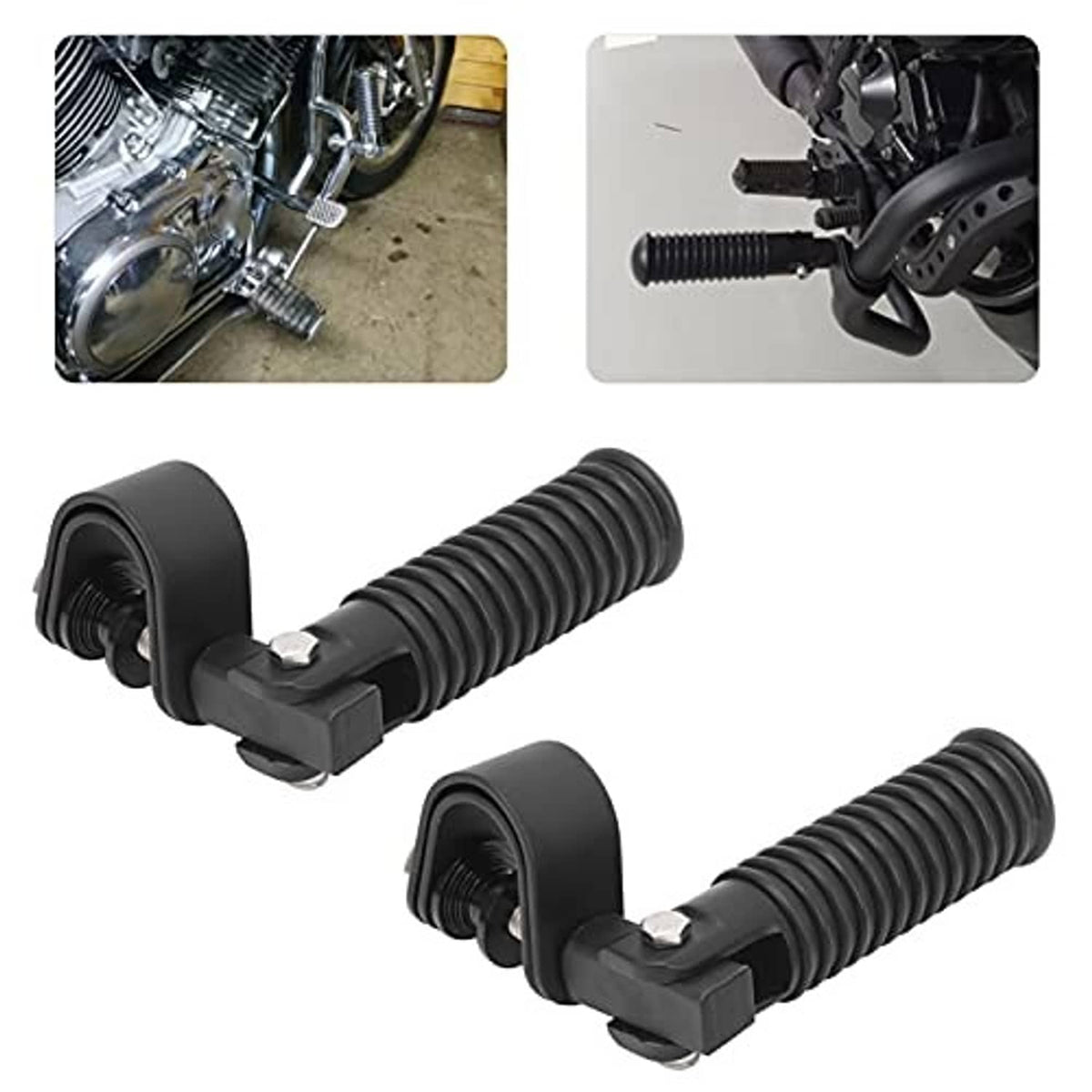 Pair of black foldable foot pegs with ribbed springs and mounting brackets