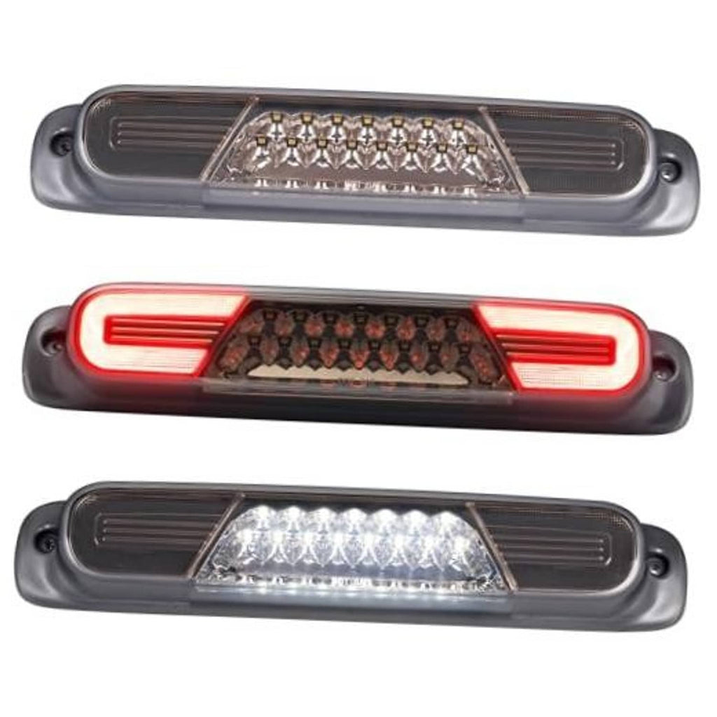 Smoked-lens LED third brake light, dark housing with illuminated red and white LED segments.