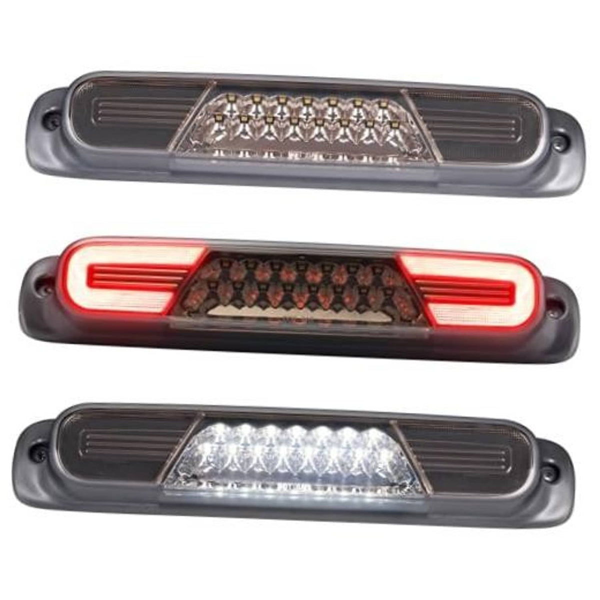 Smoked-lens LED third brake light, dark housing with illuminated red and white LED segments.