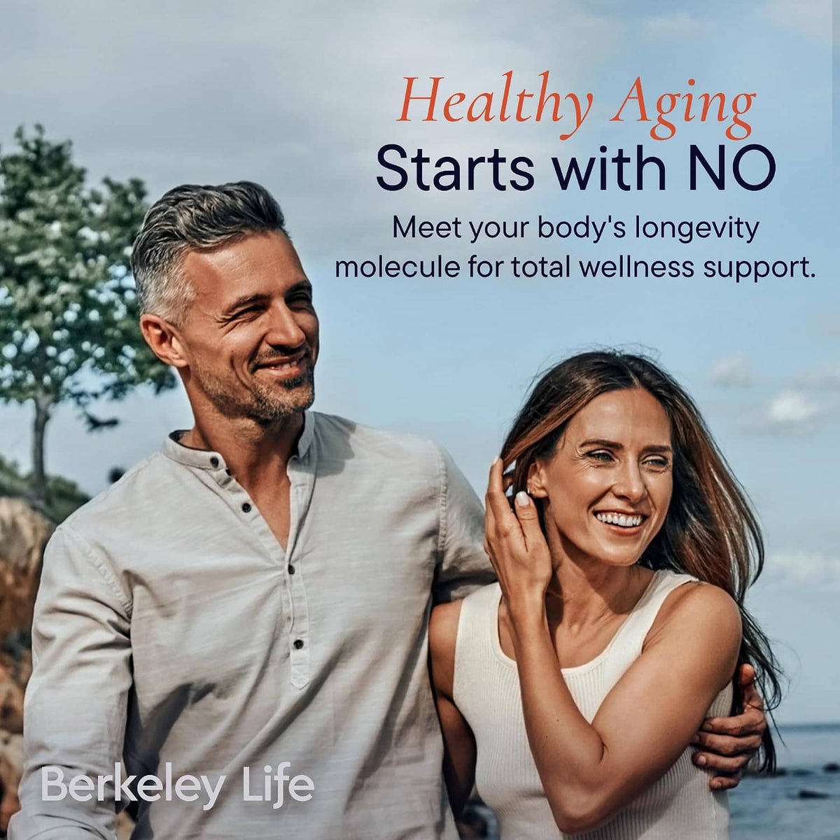 Smiling couple with Healthy Aging message referencing nitric oxide molecule support