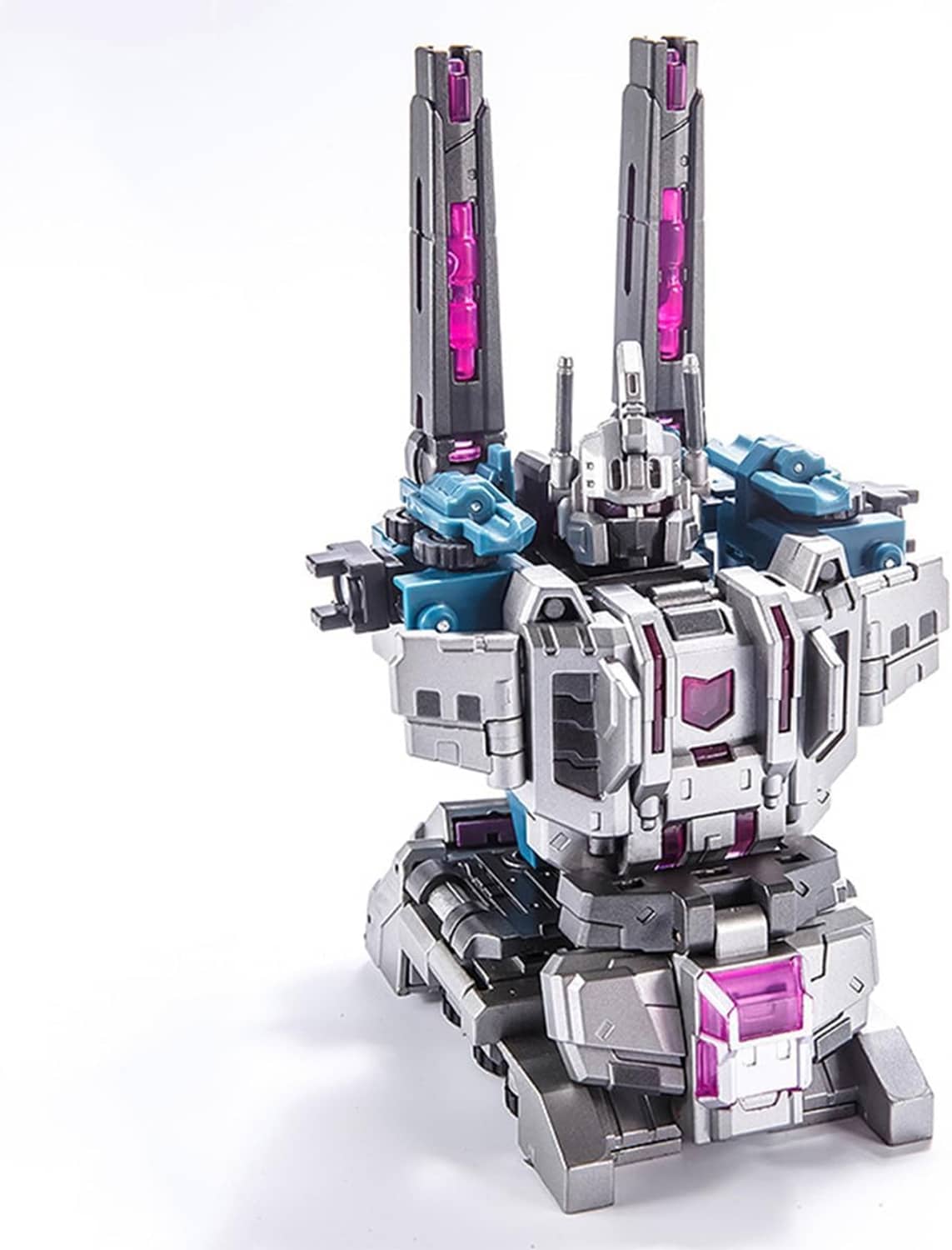 Mecha robot figure with white armor, blue details, and purple light accents