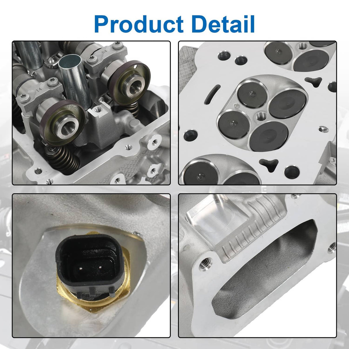 Cylinder head assembly detail close-ups of cam bearings, ports, and connector opening