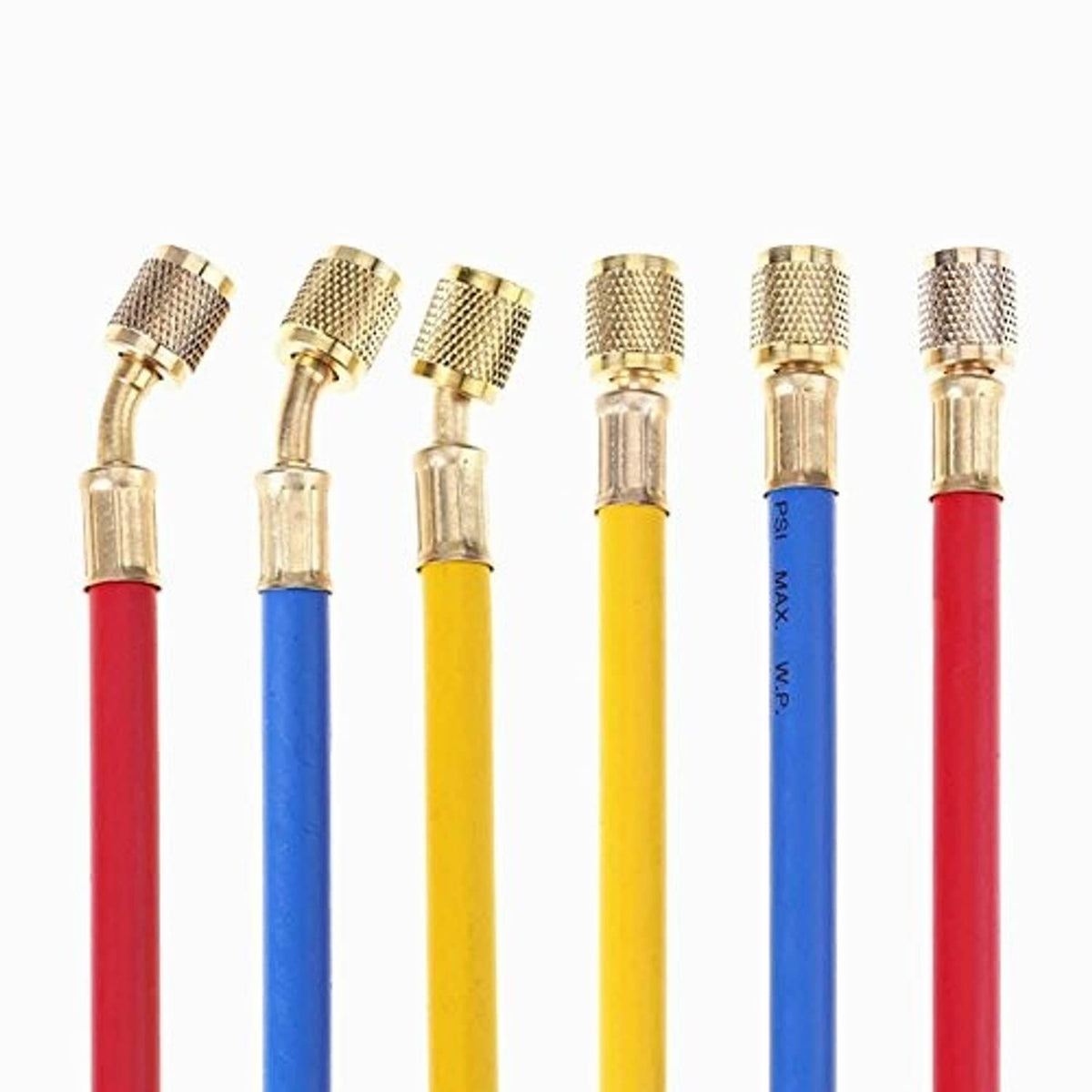 Refrigerant charging hose ends with brass connectors on red, blue, and yellow hoses