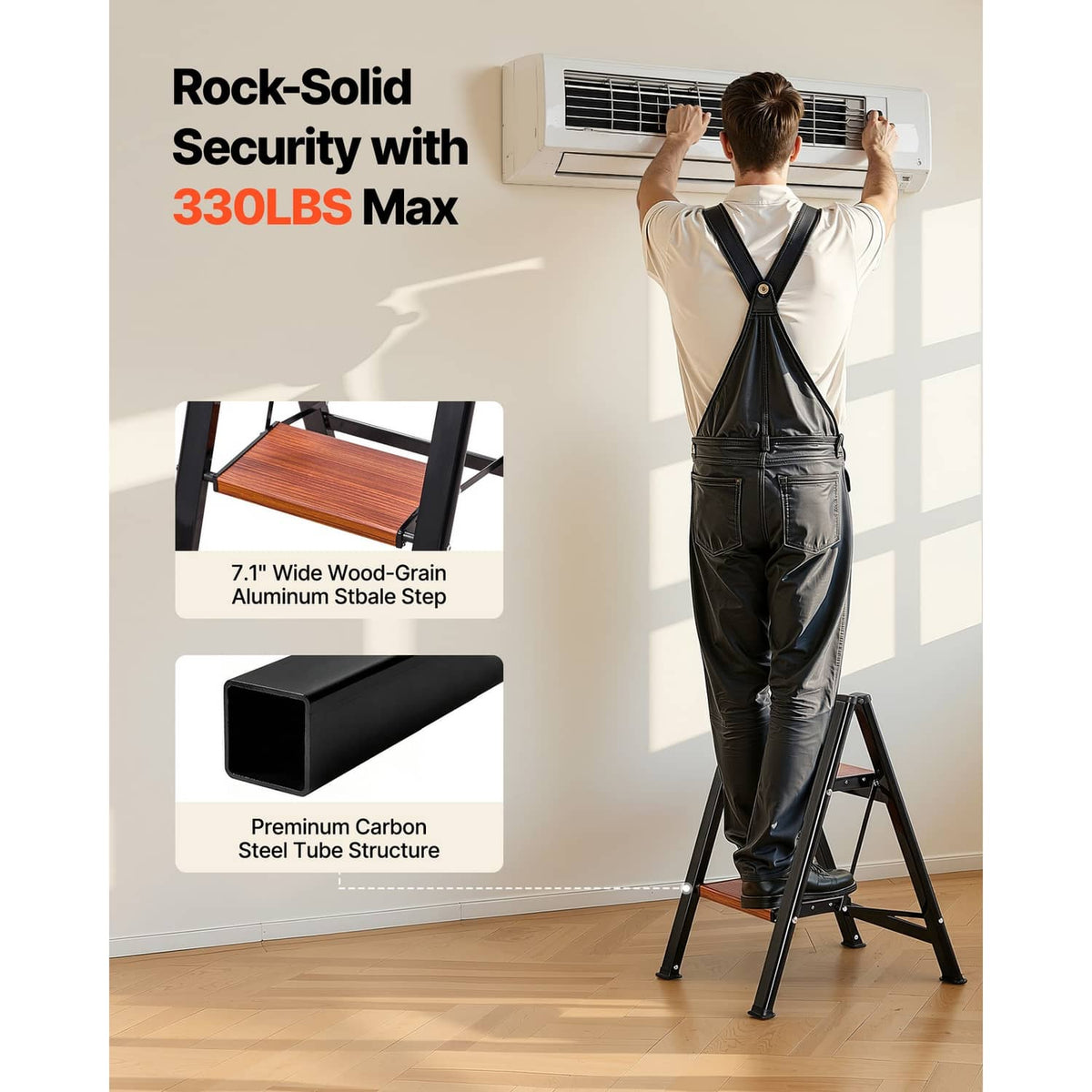 2-step ladder standing with dark frame and wide wooden step for wall access