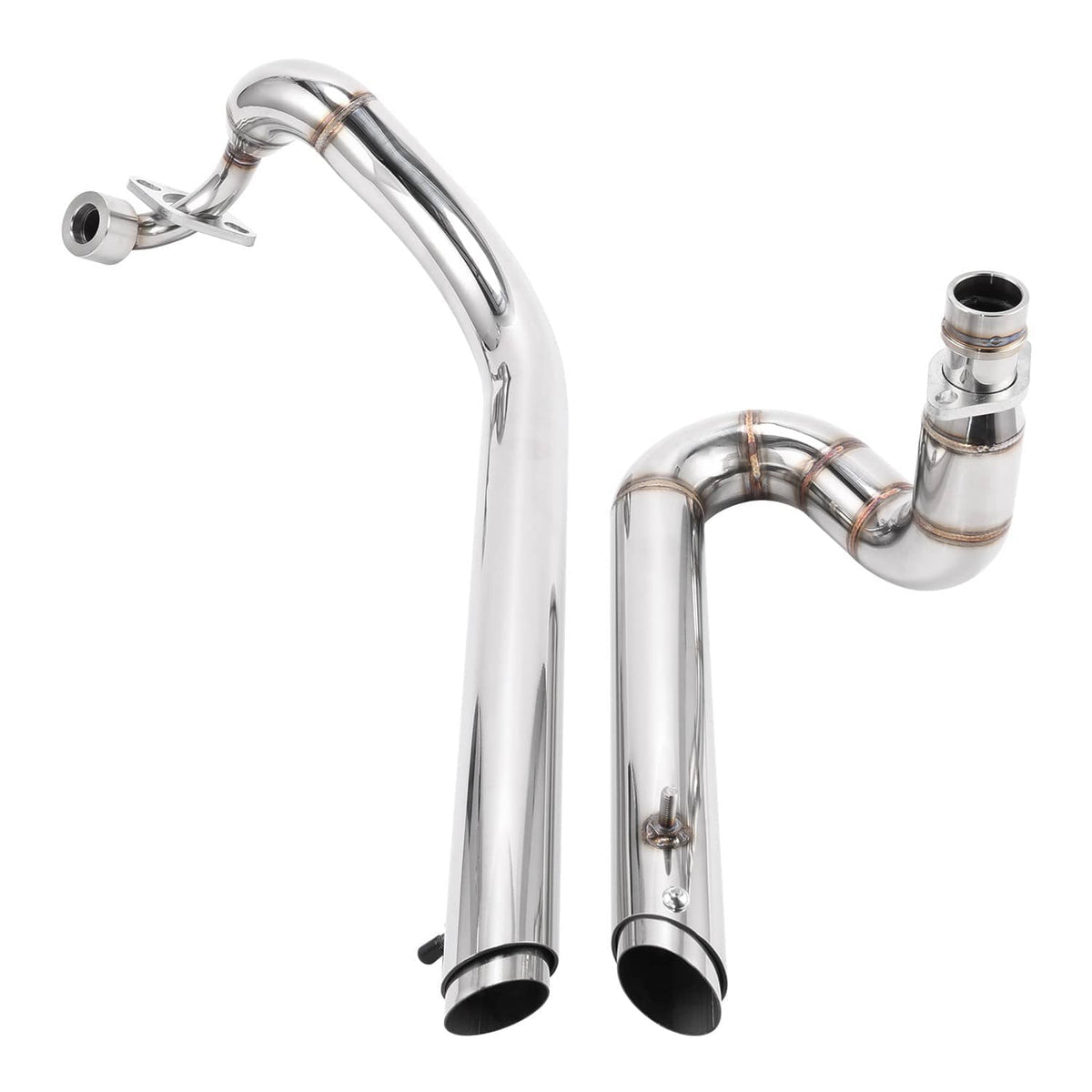 Chrome exhaust headers and mufflers with outlet tips and mounting ring