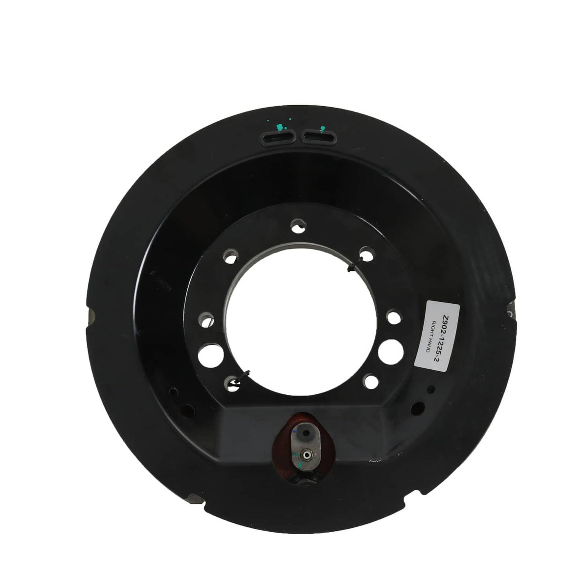 Black brake drum housing with hydraulic mounting points and circular hub