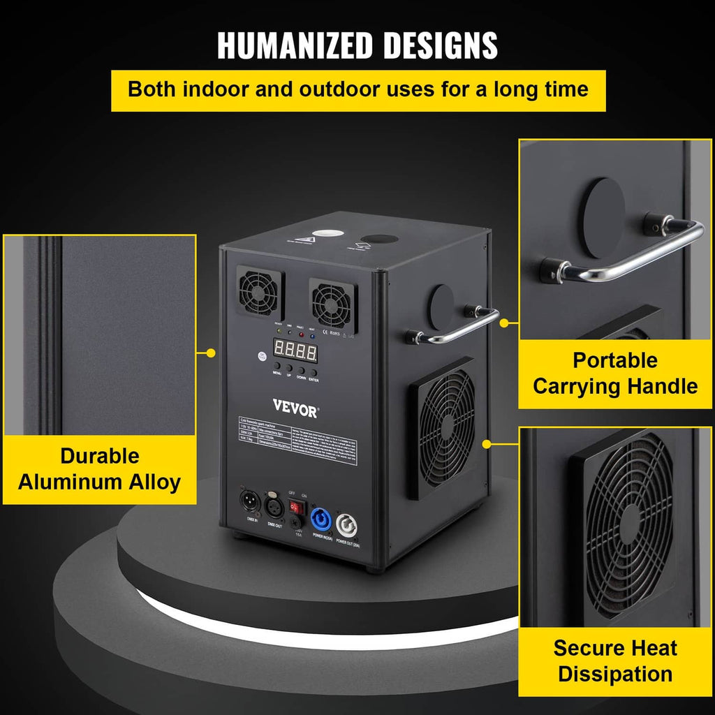 700W cold spark machine with front panel, carry handle, and cooling fan