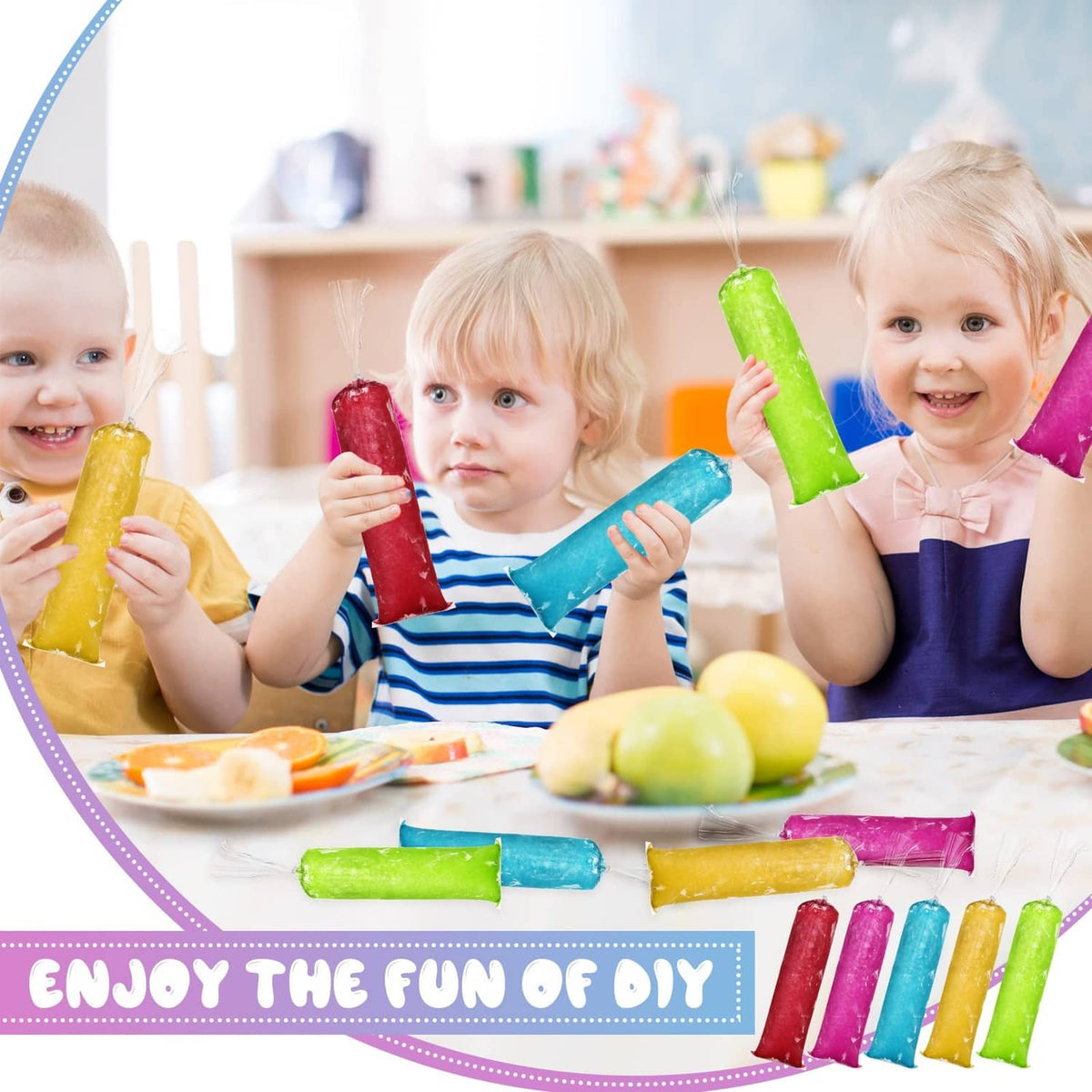 Children holding colored ice lollies made in disposable plastic mold bags