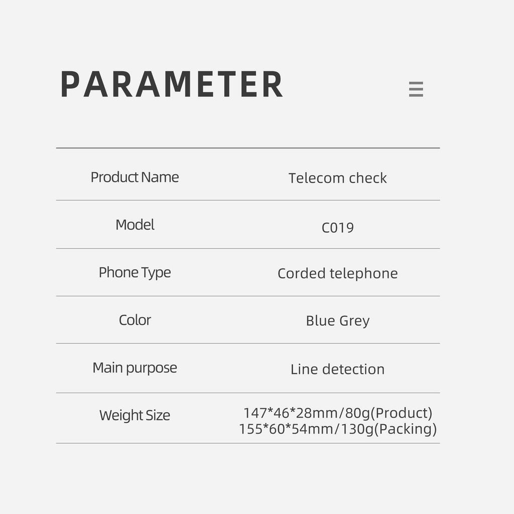 Telecom phone tester specifications parameter table shown on image