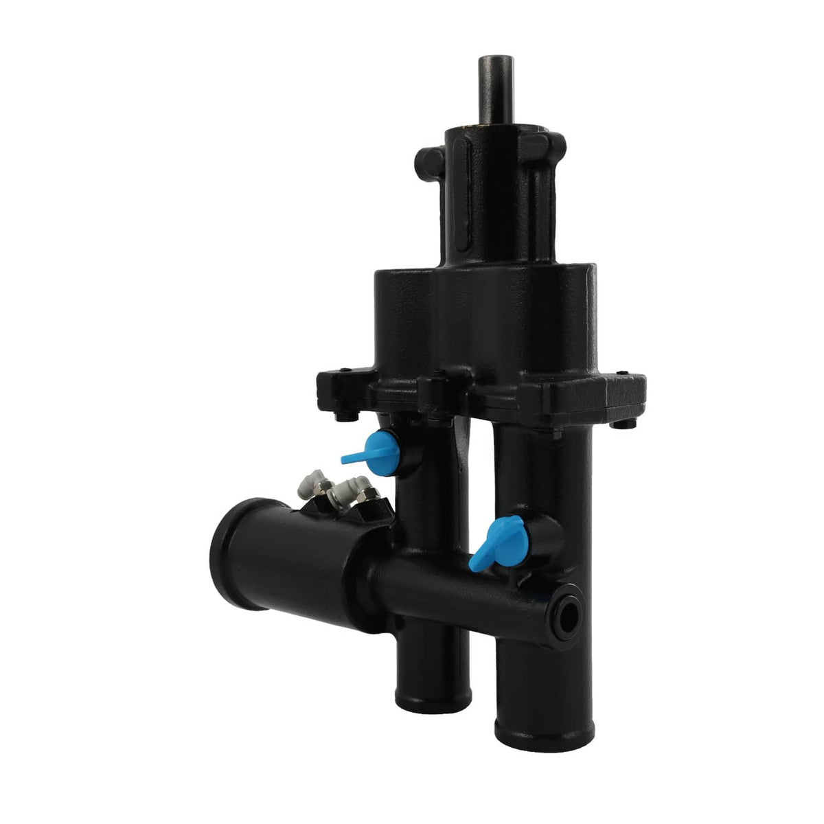 Black sea water pump assembly with blue valve caps and metal threaded fittings